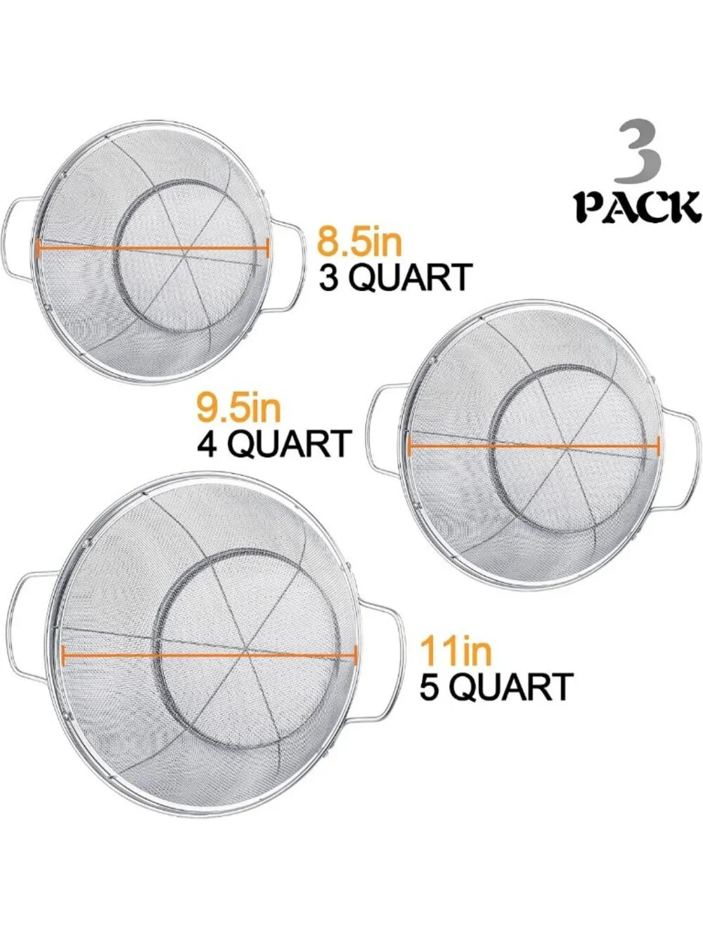 3-Pack Stainless Steel Colander Set - 5QT, 4QT & 3QT Mesh Strainers with Handles
